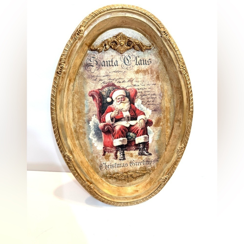 New OOAK Shabby Chic Santa Aged Christmas Tray Holiday Decor French Country